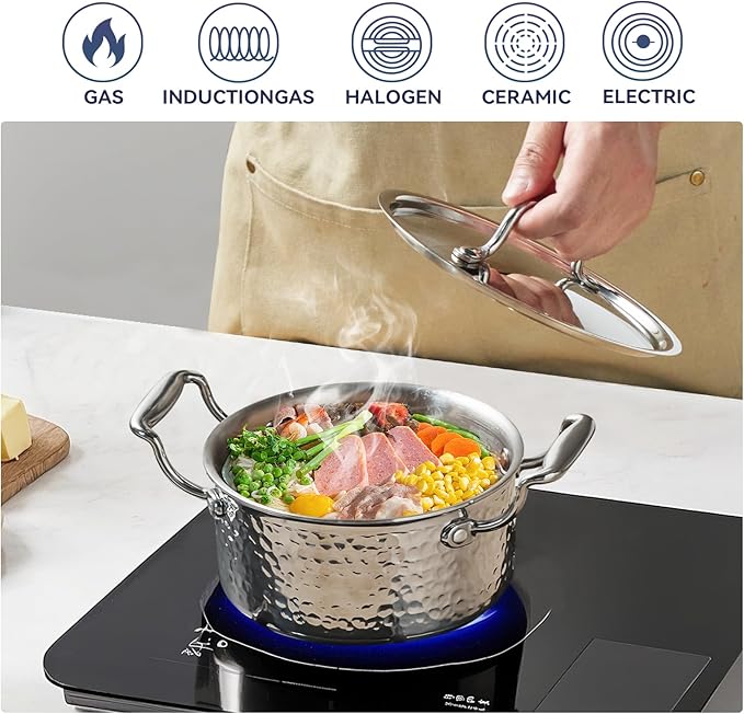 Tri-Ply Stainless Steel Stock Pot,1.8 Quart Sauce Pan with Lid, Induction Pasta Pot Compatible with All Cooktops, Small Cooking Pot for Boiling Gravies, Pasta, Soup, Oven & Dishwasher Safe