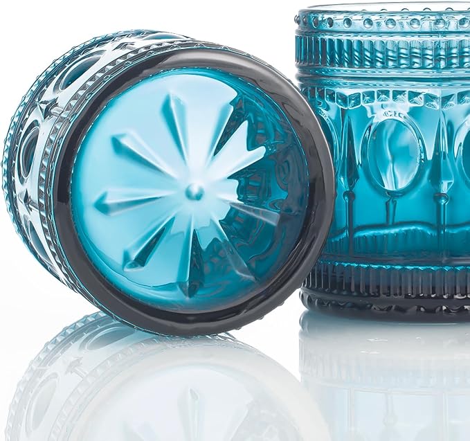 6-pack Vintage Drinking Glasses, Indian style,14 oz Large Modern Glass Tumbler, Embossed Patten Double Old Fashion Glass, Ripple Glassware (Cornflower Blue)