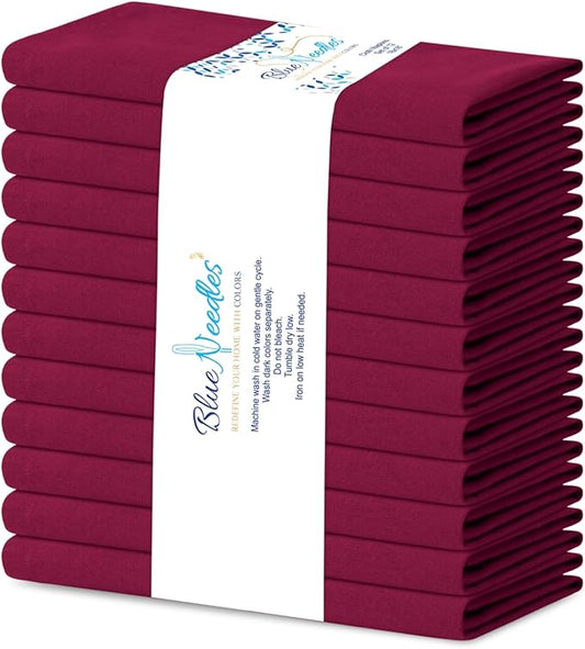 Blue Needles Solid Cloth Napkins Set of 12 Burgundy 100% Cotton Dinner Napkins 18x18 inches - Soft, Reusable, Absorbent & Washable Fall Thanksgiving Linen, Ideal for Events, Parties & Everyday Use