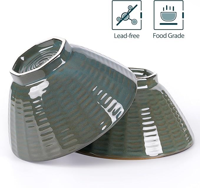 NUTRIUPS Ceramic Ramen Bowl Set of 2 Noodles Bowl with Chopsticks and Spoons, 50oz Large Ramen Bowl- Deep Ocean Green