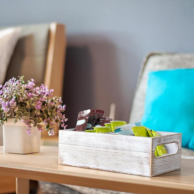 DRASTAR Pantry Organization and Storage Bins, Wooden Seasoning Packet Organizer with Removable Dividers, Retro White Storage Caddy for Kitchen, Pantry, Cabinet, Countertop