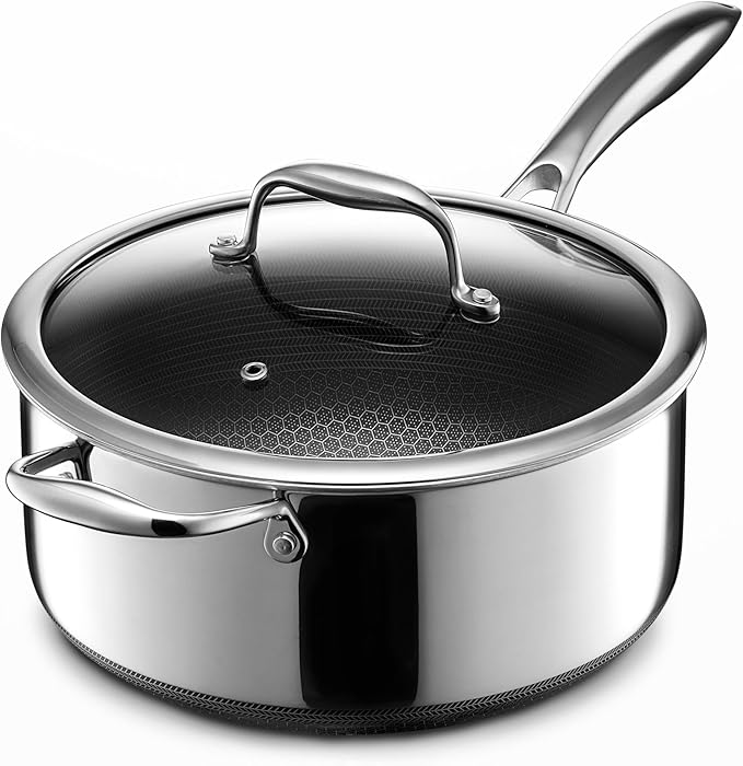 HexClad Hybrid Nonstick 5-Quart Saucepan with Tempered Glass Lid, Stay-Cool Handle, Dishwasher-Friendly, Oven-Safe Up to 900°F, Induction Ready, Compatible with All Cooktops