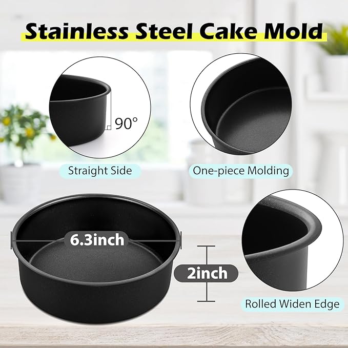 LIANYU 6 Inch Cake Baking Pans Set of 4, Stainless Steel Round Cake Bake Pan Non Stick, Fit in Pot Pressure Cooker Air Fryer, Healthy & Toxic Free, Leak-proof & Dishwasher Safe, Black