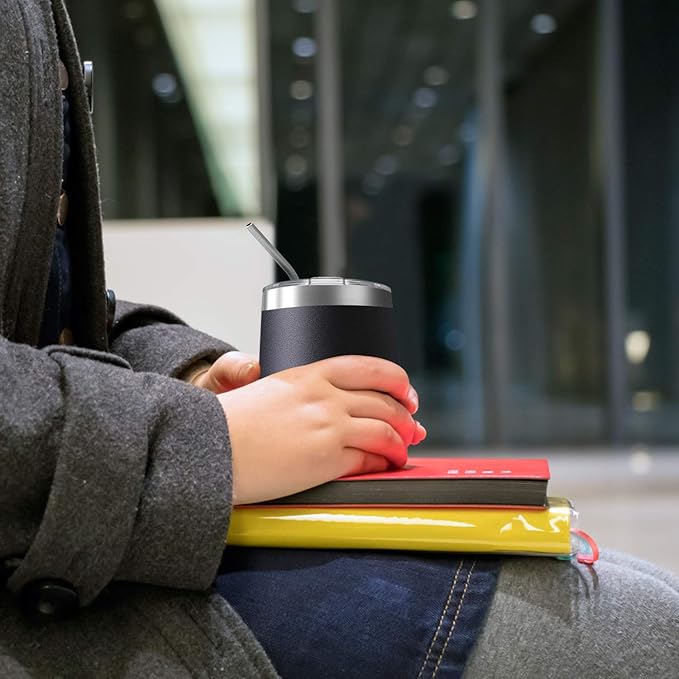 8 Pack 12 oz Stainless Steel Wine Tumbler with Lids, Double Wall Vacuum Insulated Travel Cup Including 8 Straws Set for Coffee, Cocktail, Drink, Tea and Beer (Black)