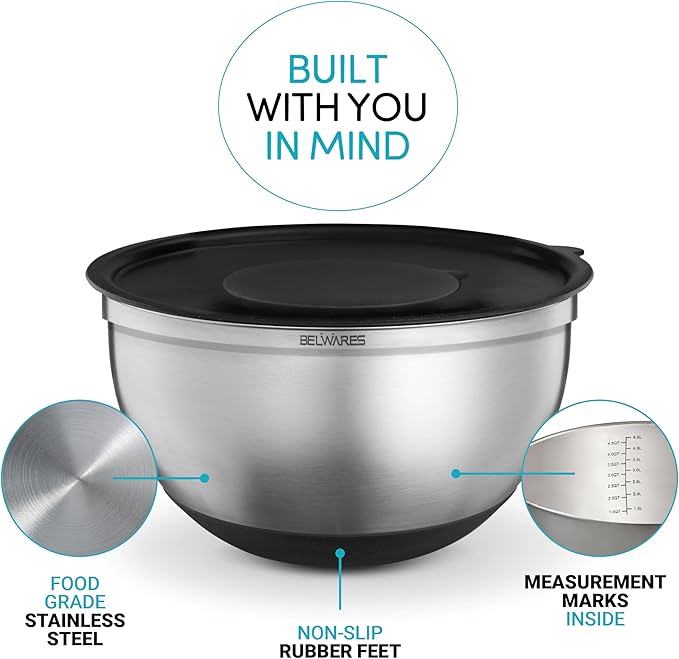Belwares Mixing Bowls with Lids Set - Stainless Steel Nesting Bowls with Graters, Pour Spout & Non-Slip Base - Kitchen Mixing Bowls for Cooking, Baking, Salad Prep & Food Storage (Set of 3)