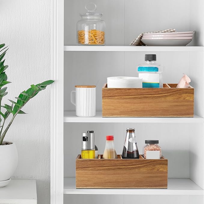 DRASTAR Pantry Organization and Storage Bins, Seasoning Packet Organizer with Removable Dividers,Wooden Storage Caddy for Kitchen, Pantry, Cabinet, Countertop, Acacia