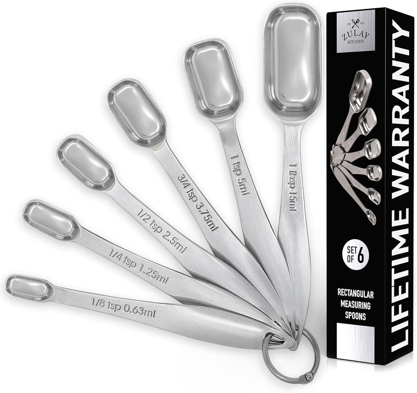 Zulay Measuring Spoons Set - 6 Piece Stainless Steel Measuring Spoons - Easy to Read, Etched Markings & Slim Design for Narrow Spice Jars - Heavy Duty Tablespoon Measure Spoon with Removable Clasp