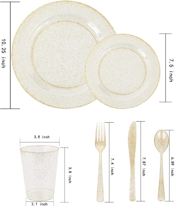 WELLIFE 175 Pieces Gold Glitter Plastic Plates with Silverware and Cups, Includes: 50 Plates, 50 Forks, 25 Knives,25 Spoons and 25 Cups for Party