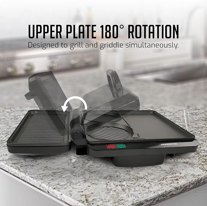 OVENTE Sandwich Maker and Hamburger Grill Machine with Non-Stick Griddle and Griller Plate, 1000W Electric Multipurpose Breakfast Station for Sandwiches, Burgers, Egg Muffin & Pancakes, Black HMG111B
