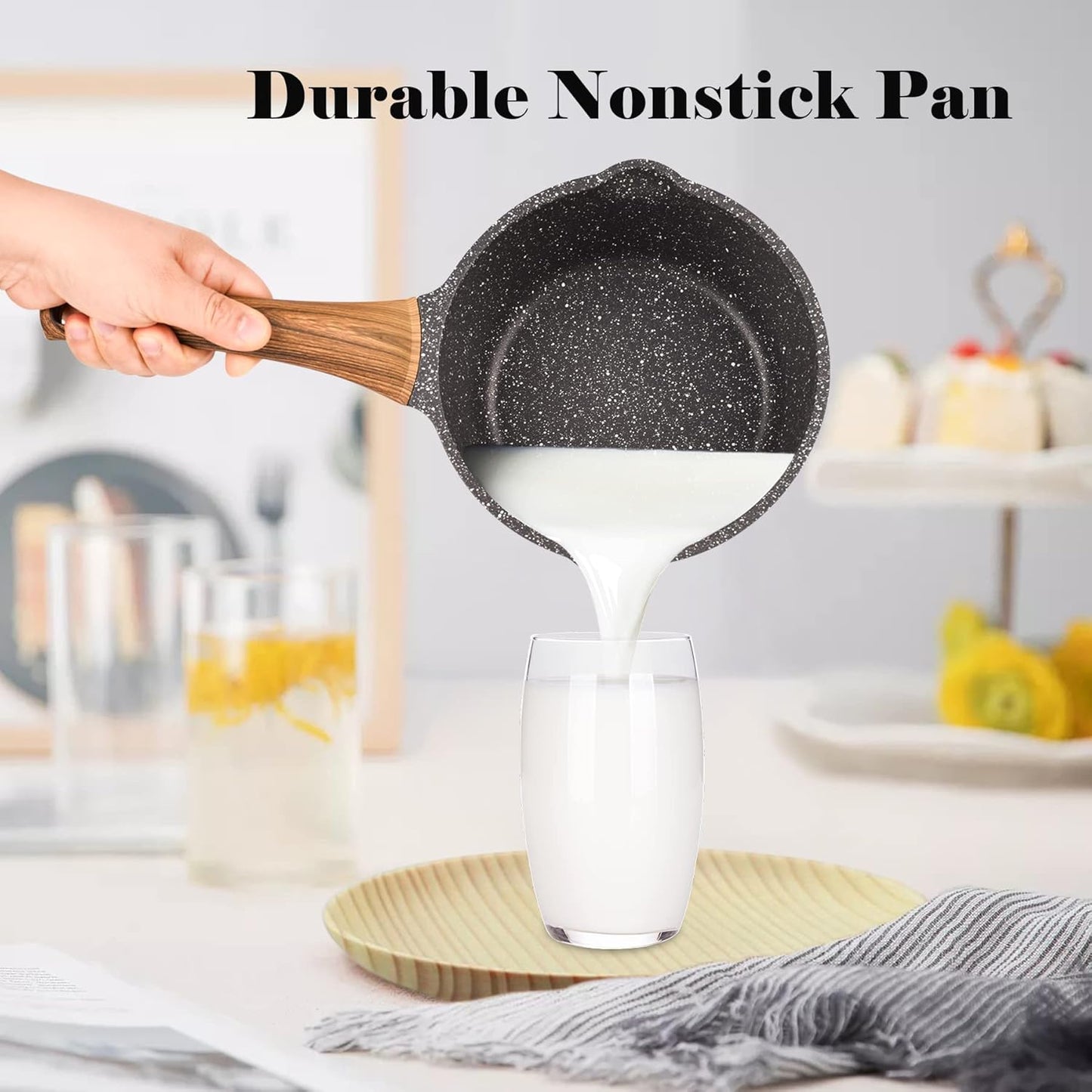 Nonstick Saucepan with Lid, 1.8 Quart Classic Black Granite Coated Pasta Soup Pot for All Stovetops, 7 Inch Small Sauce Pan for Cooking Sauce Soup and Milk