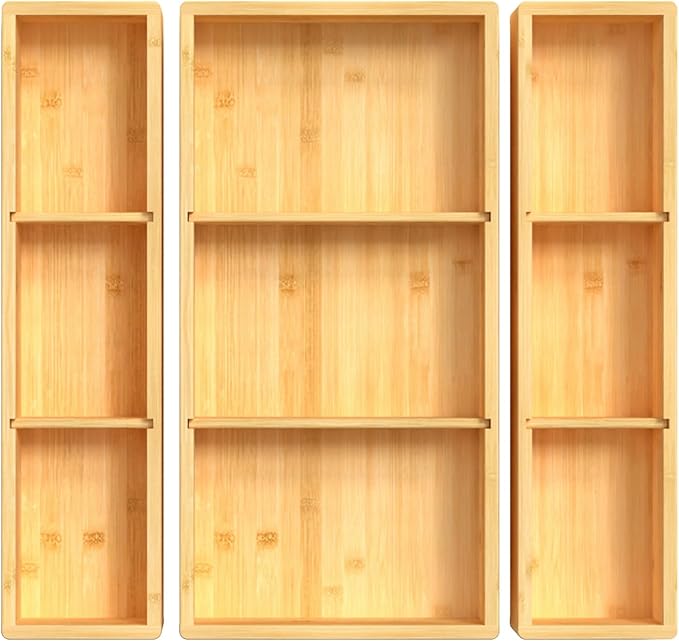 Bamboo Drawer Organizer 12.5'' X 12.5'' X 2'', Adjustable 3 Individual Junk Drawer organizer for Bathroom and Kitchen, Wood Drawer Tea Organier Boxes for Silverware, Make up and Tea Bag