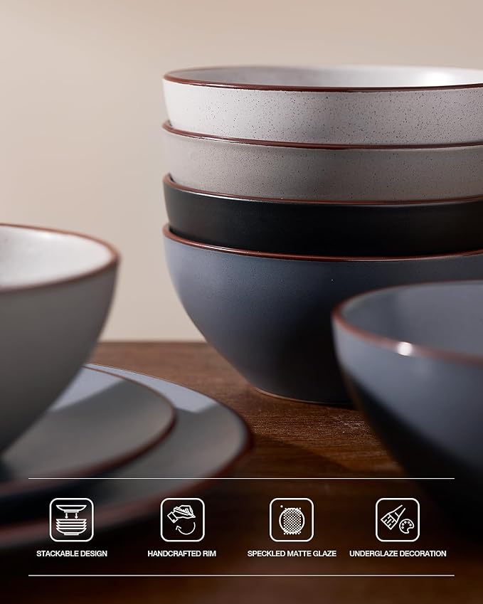 Famiware Venus Ceramic Plates and Bowls Sets, Speckled Dinnerware Dish Sets for 8 (24 Pieces) - Microwave and Dishwasher Safe, Matte Multi-color