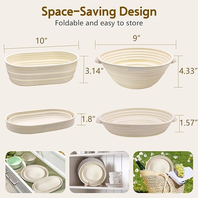 Aliggbent Silicone Banneton Bread Proofing Baskets, 10'' Oval ＆ 9'' Round Foldable Sourdough Bread Baking Supplies 18Pcs Sourdough Starter Kit Easy-to-Clean Proofing Baskets for Sourdough Bread Baking