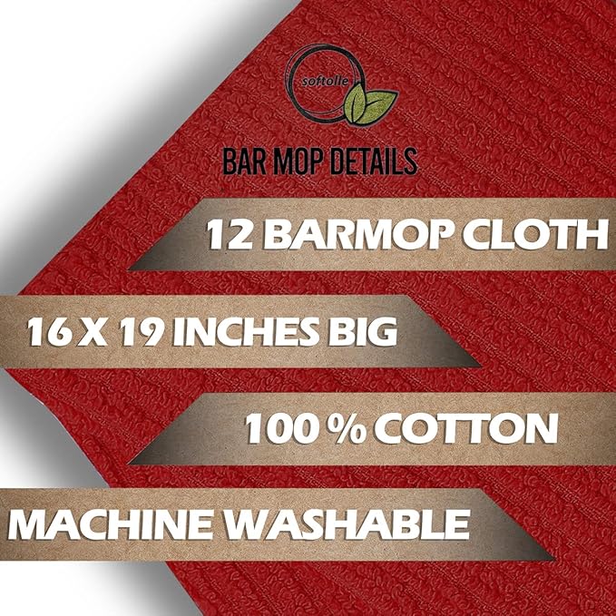 Softolle Bar Mop Towels, Pack of 12-16x19 Inches - 100% Cotton Super Absorbent Towels, Multi-Purpose for Home and Bar Cleaning (Red)