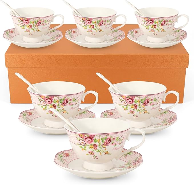 Cup and Saucer Sets of 6 with Spoon, 8oz Ceramic Tea Cups Saucers Set Porcelain New Bone China Floral Vintage Coffee Cup & Saucer Sets -Microwave Dishwasher Safe (Pink)