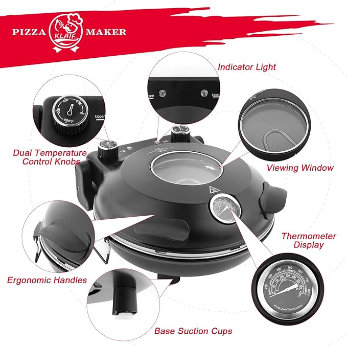 KLAIF 12" Electric Countertop Pizza Oven With Ceramic Stone, Dual Adjustable Temperature Controls, Includes 4 Pizza Tools (Black)
