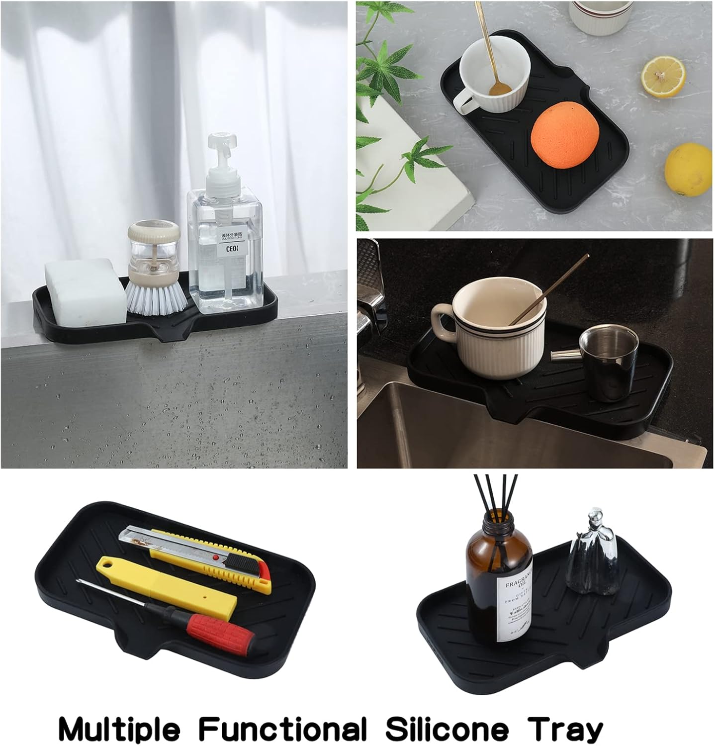 Silicone Bathroom Soap Dishes with Drain Spout-Bathroom and Kitchen Sink Organizer,Sponge Holder,Dish Soap Tray,Perfect for Dispenser,Scrubber,Bottle,Cup on Sink or Counter-Black 9.6"×5.3"