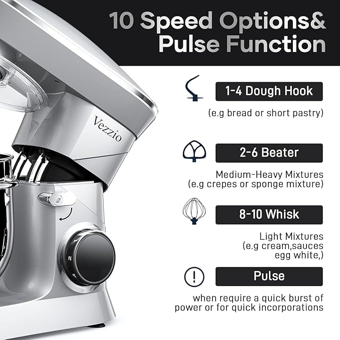 9.5 Qt Stand Mixer, 10-Speed Tilt-Head Food Mixer, Vezzio 660W Kitchen Electric Mixer with Stainless Steel Bowl, Dishwasher-Safe Attachments for Most Home Cooks(Silver)