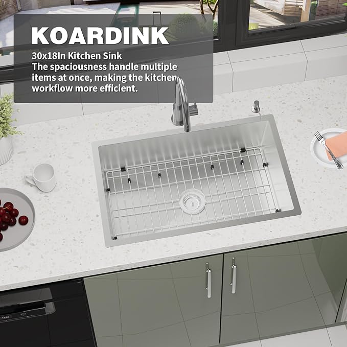Kitchen Sink, 30x18 Inch Stainless Steel Drop In Kitchen Sink Modern Undermount Single Bowl Kitchen Sink Gift Combo-SS Grid,Silicon Mat,Drain Strainer Set Compatibility With Various Kitchen