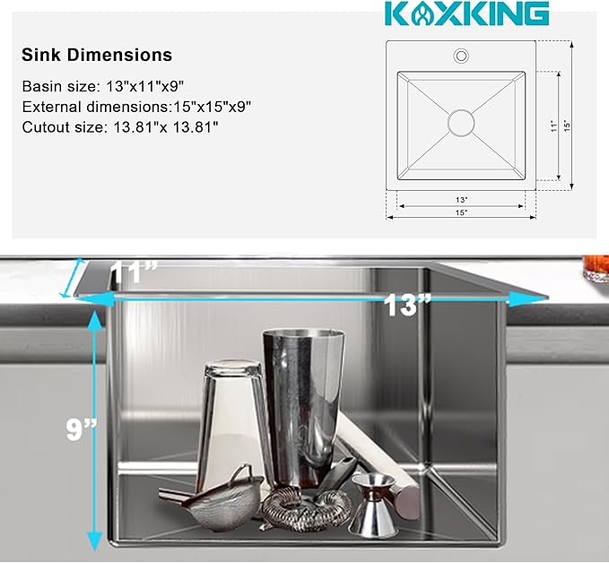 15x15 Inch Drop In Bar Sink, 18 Gauge 304 Stainless Steel Topmount Kitchen Sink for RV, Laundry, Office, Small Space with Basket Strainer & Grid