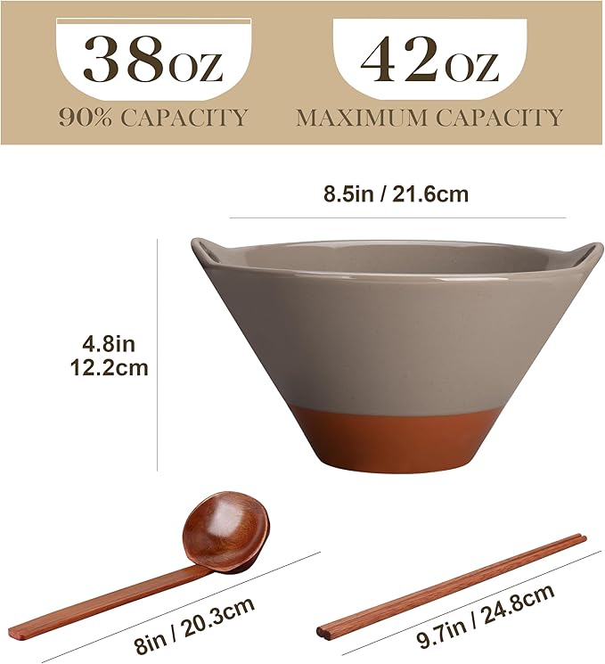 MALACASA 42 oz Ceramic Ramen Bowl Set with Wooden Spoon & Chopsticks, Japanese Style Soup Bowls for Ramen, Pho, Noodles – Set of 2, Microwave & Dishwasher Safe, Series TARA (Brown and Khaki)