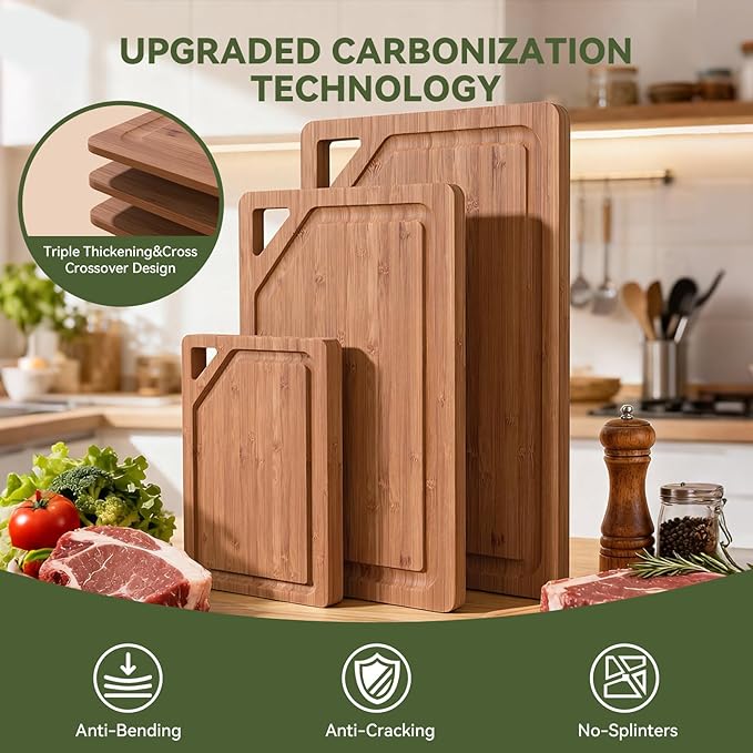 Bamboo Cutting Boards for Kitchen, [Set of 3] Wood Cutting Boards with Deep Juice Grooves, Built-in Handles & Holder, Charcuterie board & Chopping board for Meat, Vegetables and Fruits,Brown