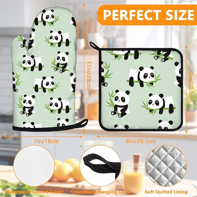 Cute Panda Oven Mitts and Pot Holders Sets 4Pcs,Extra Long Oven Gloves Potholder for Kitchen Cooking Baking BBQ 100% Cotton Heat Resistant