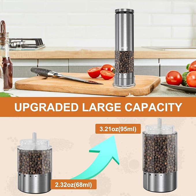 Electric Salt and Pepper Grinder Set Rechargeable, Automatic Salt and Pepper Shakers Mills with 6-Level External Adjustable Coarseness, LED Light, House Warming Cooking Gifts for Women Men