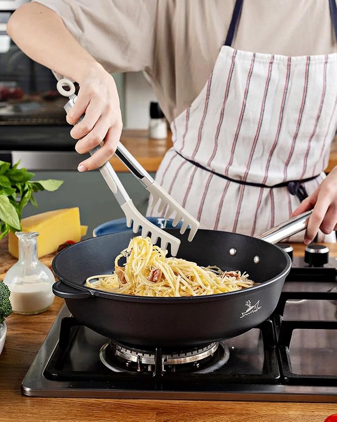 Silicone Spaghetti Spoon & Pasta Tong, Non-Stick Stainless Steel Handle Pasta Fork Set with Teeth, Food Clip for Easy Serving of Noodles (Khaki)