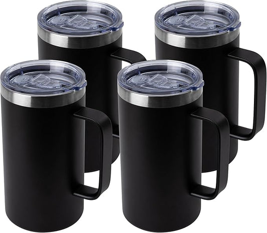 DOMICARE 24oz Mug with Handle and Lid, Stainless Steel Coffee Mug, Travel Mug with Handle, Double Wall Vacuum Coffee Tumbler, Reusable Insulated Cup, Black, Pack 4