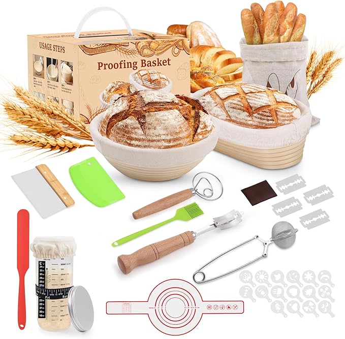 Sourdough Bread Proofing Basket Set, 9" Round & 10" Oval Proofing Baskets with Glass Starter Jar, Dough Whisk, Dough Cutter, Bread Sling & Complete Baking Kit