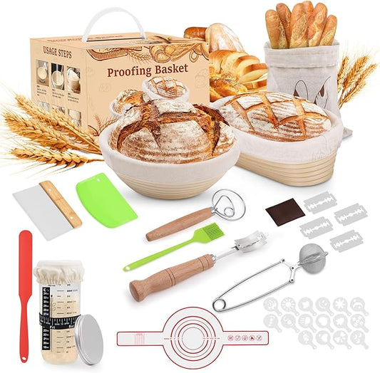 Sourdough Bread Proofing Basket Set, 9" Round & 10" Oval Proofing Baskets with Glass Starter Jar, Dough Whisk, Dough Cutter, Bread Sling & Complete Baking Kit