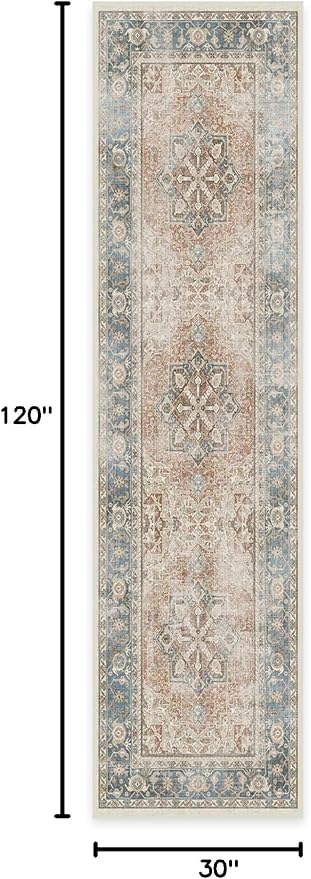 RUGGABLE Washable Vintage Runner Rug – Kamran Coral 2.5x10, Stain-Resistant, Non-Slip Hallway Runner – Machine Washable Rug for Hallway, Entryway, Living Room & Kitchen–with Cushioned Pad