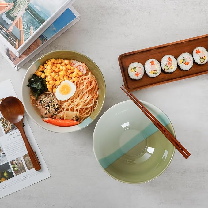 NUTRIUPS Set of 2 Ceramic Ramen Bowls with Spoons & Chopsticks, 40oz Large Soup Bowls for Udon, Miso, Noodles (Tri-Color Modern)