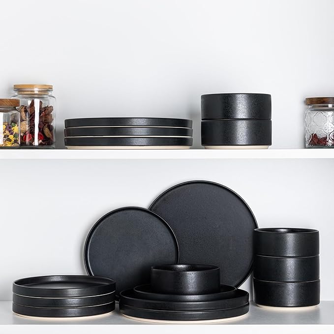 TheTerra Ceramic Dinnerware Sets for 6, 18 Pieces Handmade Reactive Glaze Plates and Bowls Set, Scratch Resistant Dish Set, Oven & Microwave & Dishwasher Safe, Matte Black