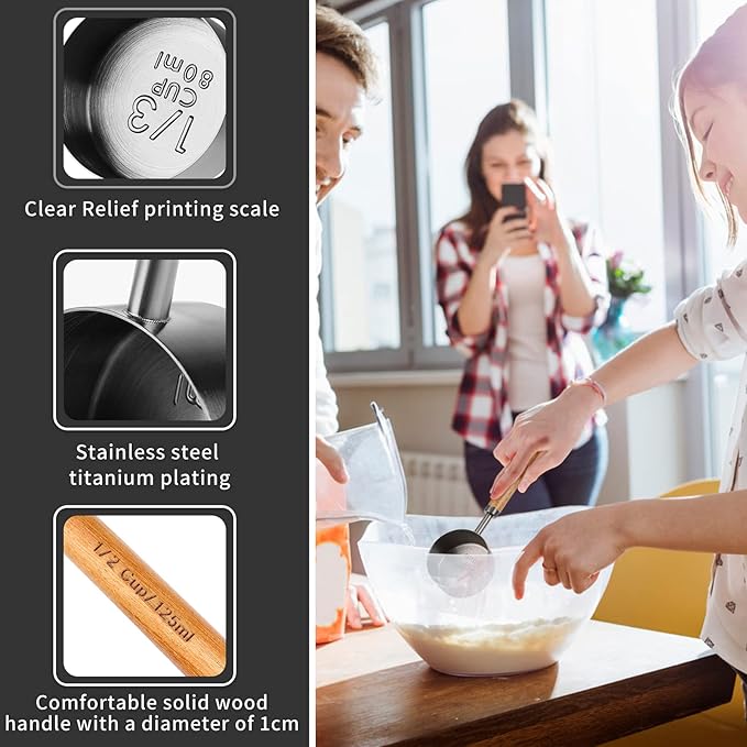 Measuring Cup with Wooden Handle, 1/4 Cup Titanium-plating 60 Ml Stainless Steel, Space Gray