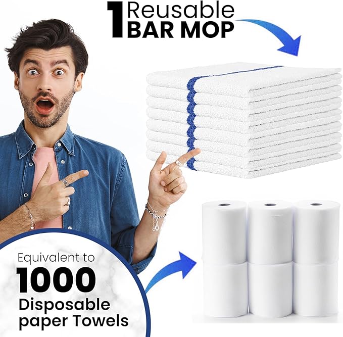Bar Mops Blue Stripe Pack of 60 Kitchen Towels 16x19 Multi-Purpose for Home, Restaurant and Cleaning White Absorbent Washcloth Dishcloths Sets, Reusable Dish, Cloths Rags