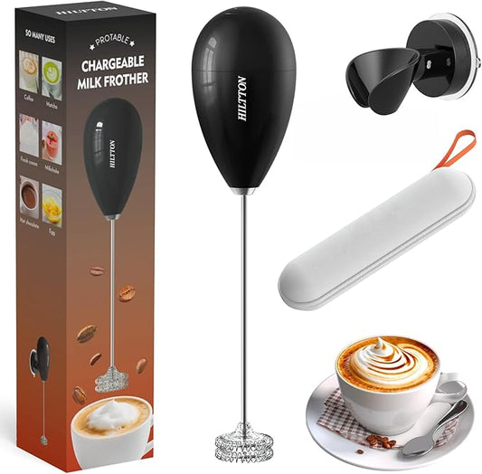Hiltton Rechargeable Milk Frother with Stand & Travel Pouch – Portable Electric Handheld Frother, Stainless Steel Waterproof Detachable Whisk, Drink Mixer for Lattes, Cappuccinos & More