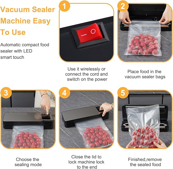 Cordless Food Vacuum Sealer Machine, 75Kpa Strong Suction, Rechargeable Dry & Moist Food Modes Food Sealer, Compact, Stainless Steel, Built-in Cutter for Home Kitchen Camping Fishing Picnic
