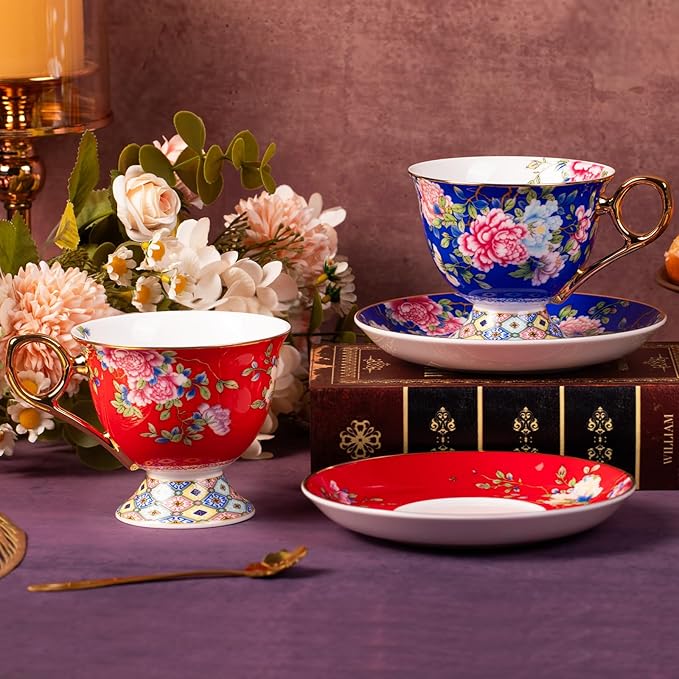 KAMMAK Tea Cups and Saucers Set of 2, Porcelain Coffee Cup with Saucer for Espresso, Cappuccino, 9.8oz Vintage Yellow Floral Ceramic Demitasse Mug for Home, Tea Party, Office