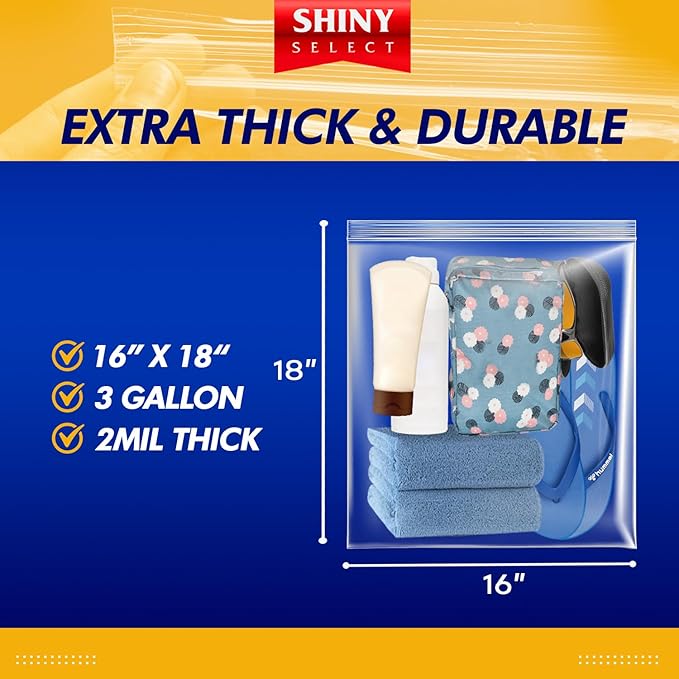 3 Gallon Large Storage Bag, 16”x18”, 50 Count – Big Clear Plastic Resealable Zip & Lock Bag, 2 Mil Heavy Duty for Fruits, Vegetables, Meat Marinate, Office Supplies, Toys, Books, Gears