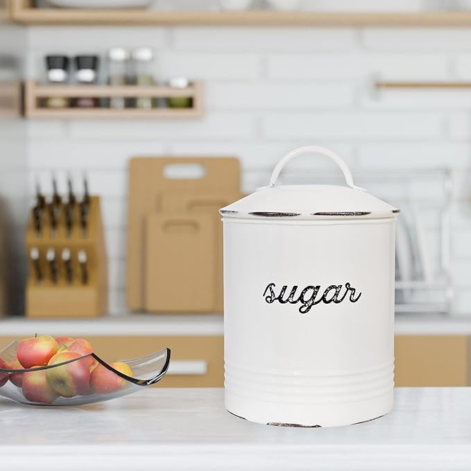 AuldHome Design Enamelware White Sugar Canister; Rustic Distressed Style Staples Storage for Kitchen