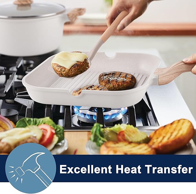 Caannasweis 20Pcs Cookware Sets, Nonstick Pots and Pans Set, Granite Induction Cookware, Non Stick Kitchen Cooking Set, Grayish White Grill Pan Set, PFOS PFOA Free