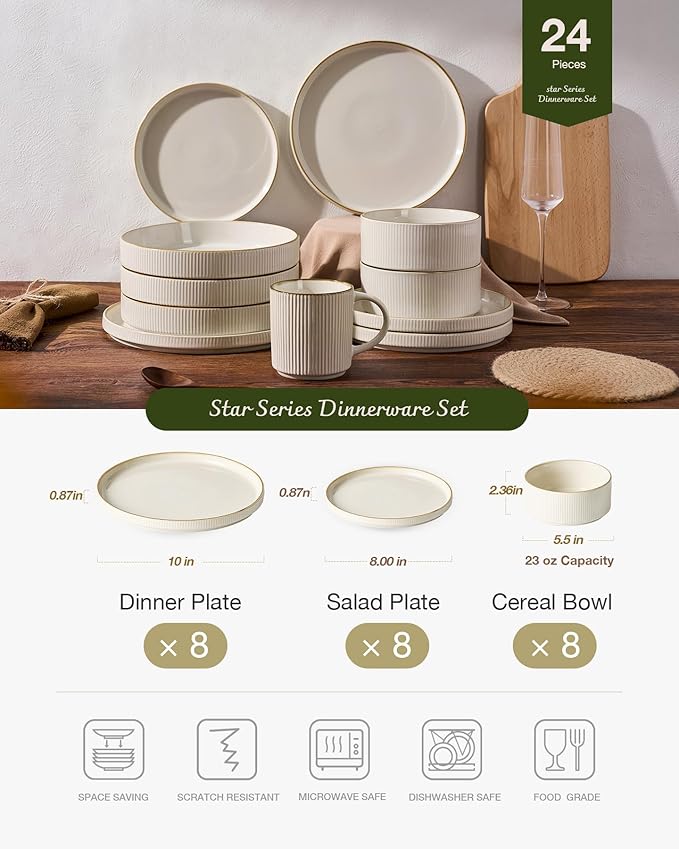 famiware Star Dinnerware Set, Plates and Bowls Sets for 8 (24pcs), Ribbed Stoneware Dishes - Chip & Scratch Resistant, Microwave & Dishwasher Safe Tableware, White