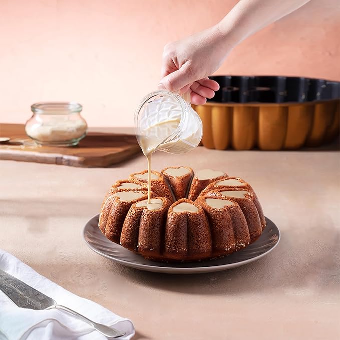 Heart Shape Cast Aluminum Molded Cake Pan, Titanium Coating, Non-Stick, 12 Cups, 10 Inch Pound Pan intended for Bundt Cakes, Gifts for Mom, Fluted Tube, Easy to Clean (3-Pack, Gold-Black-Red)