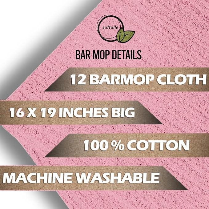 Softolle Bar Mop Towels, Pack of 12-16x19 Inches - 100% Cotton Super Absorbent Towels, Multi-Purpose for Home and Bar Cleaning (Pink)