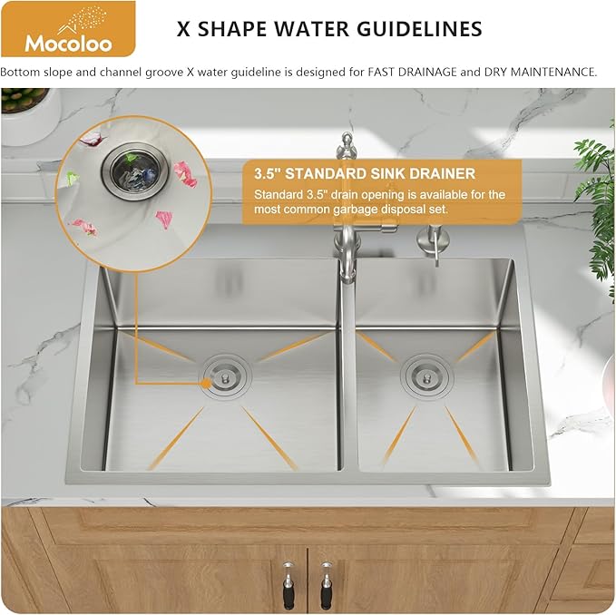 Mocoloo 33 Drop In Kitchen Sink Double Bowl 33 x 22 Drop Sink Double Bowl 60/40 T304 Stainless Steel 16 Gauge Topmount Handmade, 10 Inch Deep