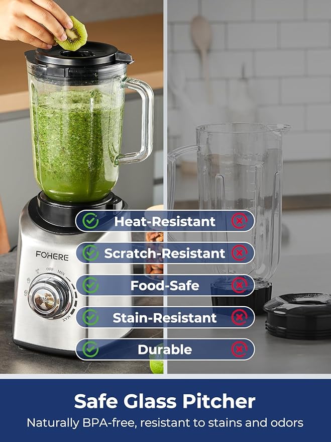 FOHERE Professional Blender Peak 1200W, Countertop Blender with 3 Presets＆ 5 Speeds for Smoothies, Shakes, and Frozen Drinks, 50 Oz Glass Jar ＆20 Oz Tritan Jug