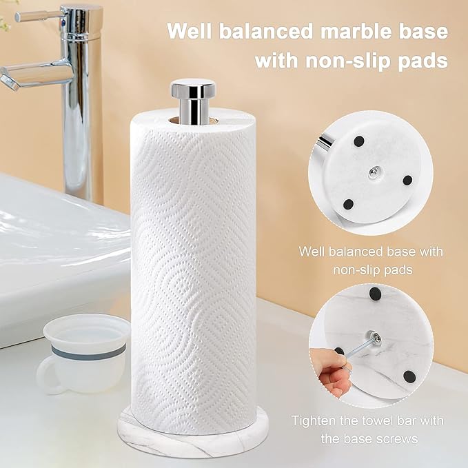 NearMoon Standing Paper Towel Holder, Kitchen Paper Towel Tissue Holder- for Bathroom Countertop, Standard or Jumbo-Sized Roll Paper (with Marble Base, Chrome Finish)
