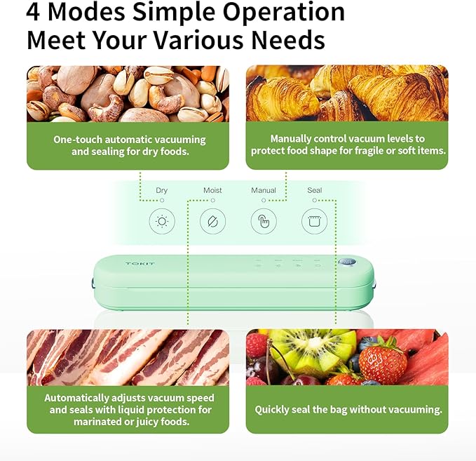 TOKIT Food Saver Vacuum Sealer Machine, 5-in-1 One-Touch Automatic with Dry, Moist, Manual Modes and External Vacuum System, Compact Small Design with 5 Vacuum Bags for Kitchen, Picnic, Travel, Green
